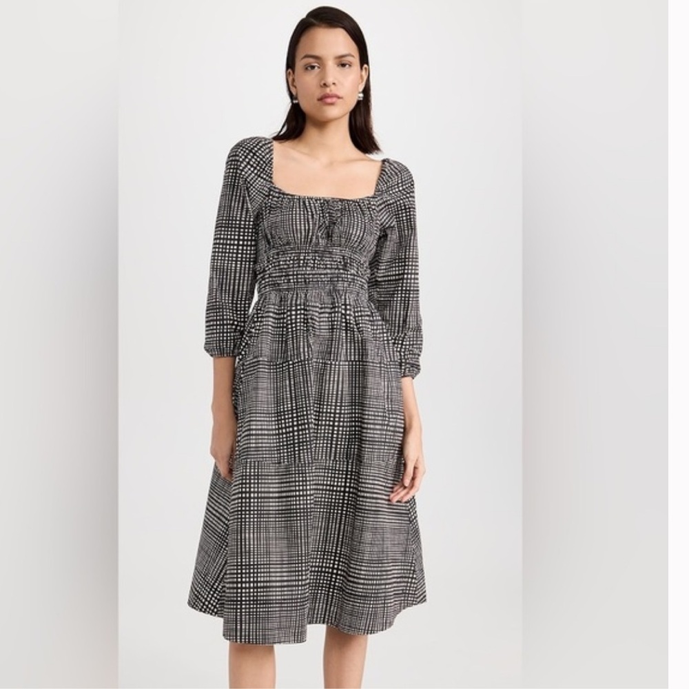Proenza Schouler Black and White Grid Print Long Sleeve Poplin Midi Dress